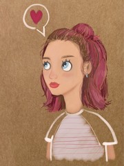 Cartoon beautiful girl in love dreams or thinks of in cloud of thoughts about love