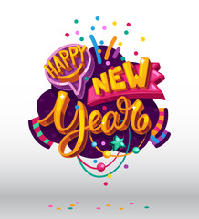 Happy new year color lettering. Cartoon vector illustration 