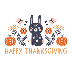 Vector Happy Thanksgiving card with cute bunny, flowers and pumpkins in Scandinavian style with hand made text greeting. Modern folk art card in square format. - 232614389