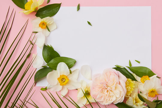 cardboard decorated with rose, daffodil and leaves.
