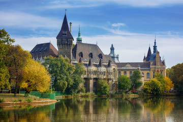 Beautiful cityscape of Vajdahunyad castle in Varosliget park, Budapest with reflection on the lake © viktoriya89