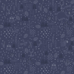 Winter forest background with animals and trees. Seamless pattern