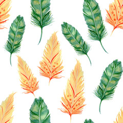 Watercolorgreen and peach feathers seamless pattern