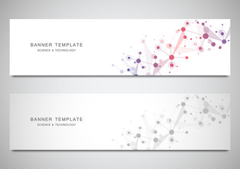 Vector banners and headers for site with molecules background and neural network. Genetic engineering or laboratory research. Abstract geometric texture for medical, science and technology design.