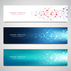 Fototapeta na wymiar Vector banners and headers for site with DNA strand and molecular structure. Genetic engineering or laboratory research. Abstract geometric texture for medical, science and technology design.