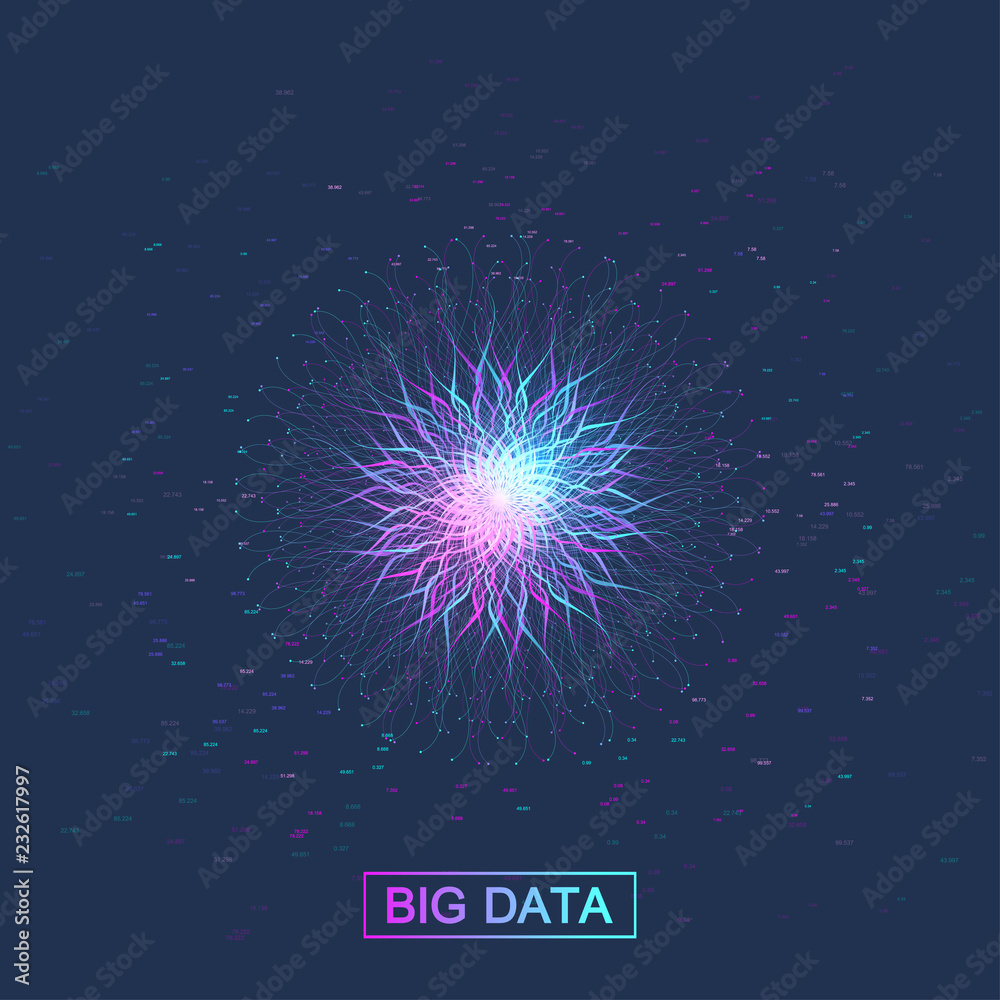 Poster Big data visualization. Graphic abstract background communication. Perspective backdrop. Minimal array. Digital data visualization. Representing the global, international meaning. Vector illustration