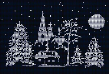Nordic style craft Christmas pattern in black and white including winter wonderland village, church, Christmas tree, star, snowflake