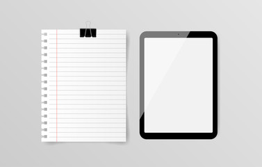 Blank digital tablet with note paper on gray background