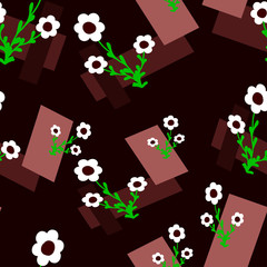 white flowers with dark red geometric figures