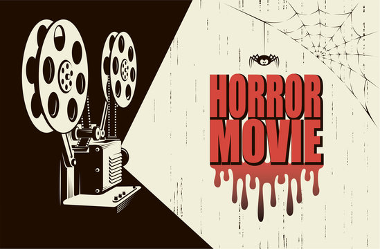 Horror Night Cinema Poster With Retro Movie Projector Background