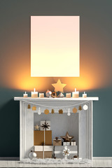 Modern Christmas interior with fireplace, Scandinavian style. Poster mock up. 3D illustration