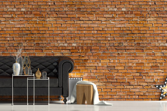 Modern interior with sofa. Wall mock up. 3d illustration.