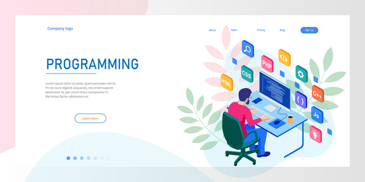 Isometric programmer coding new project. Web developer, programming concept. Landing page or mobile website development template.