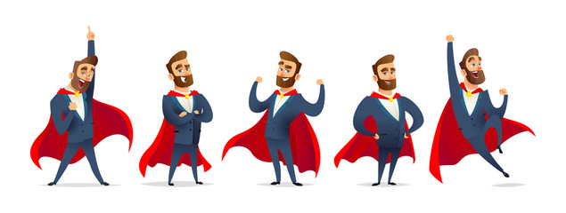 Businessman in a superhero costume. Character collection of business hero in various poses. Super manager set.