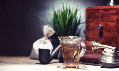 Brewing tea on a wooden table
