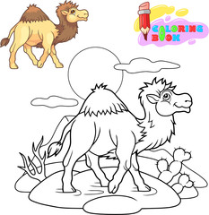 cartoon cute camel is walking in the desert, coloring book