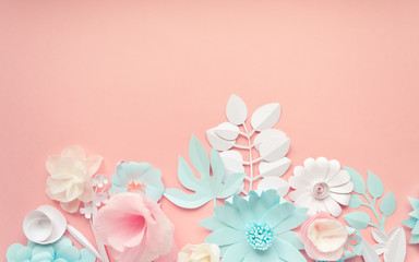blue, pink and white paper flowers on the pink background