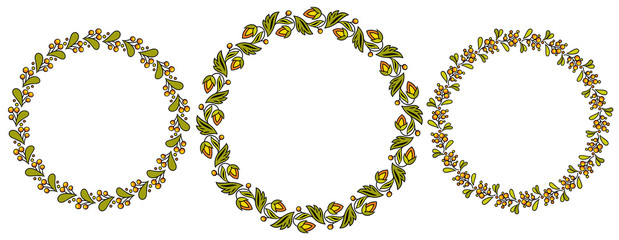 Set of colorful floral frames. Simple twigs with flowers and leaves, drawn by hand. Isolated on white background. EPS10 vector illustration.