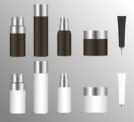 Realistic cosmetic bottles set for skin and body care products. Black and white edition. Cosmetic package collection for cream, soups, foams, shampoo, glue. Mock up set for brand template. Vector