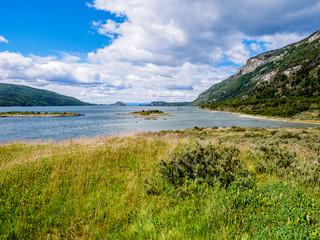 Fototapeta premium View of Lapataia Bay to Beagle Channel, Terra del Fuego National Park, Ushuaia, Patagonia, Argentina