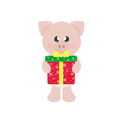 winter cartoon pig with сhristmas gift