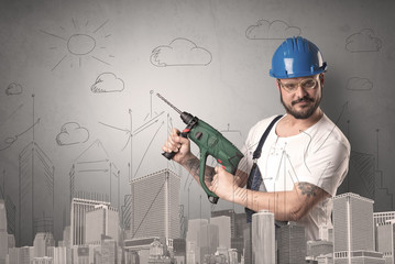 Handyman with tool in his hand and cityscape nearby.