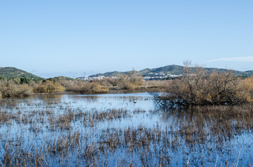Landscape photography of a lake with a village of Menorca in the background.