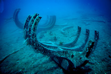 A ship wreck in the blue water