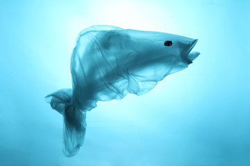 Pollution of the world's oceans with plastic garbage. Blue fish out of waste. Recycling and the ban...