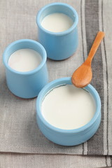 Yogurt in blue pots
