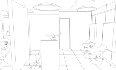 interior beauty salon contour visualization, 3D illustration, sketch, outline
