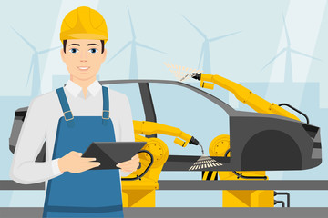 Engineer with a digital tablet controls the welding robots on the car assembly line. Smart factory. Vector illustration