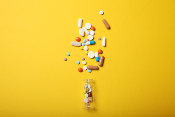 Pills and drug addiction. Antibiotic, aspirin, calcium. Emergency concept.