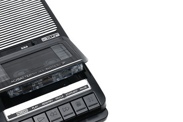 Obraz premium Old-time desktop type cassette recorder on white isolated background