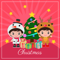 Obraz na płótnie Canvas cute christmas card with children costume reindeer snowman