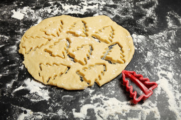 Cooking christmas tree cookie. Baking dough.