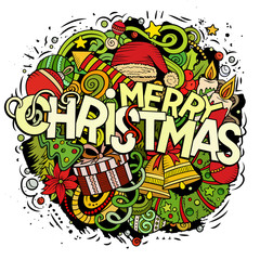 Merry Christmas hand drawn doodles illustration. New Year design