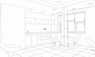 interior beauty salon contour visualization, 3D illustration, sketch, outline