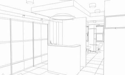 interior beauty salon contour visualization, 3D illustration, sketch, outline