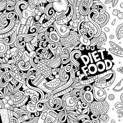 Cartoon vector doodles diet food frame. Line art dietary funny border