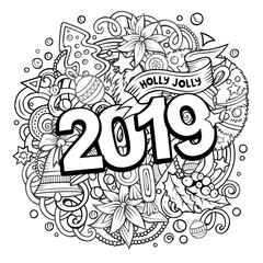 2019 doodles illustration. New Year objects and elements poster design