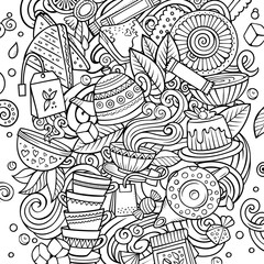 Cartoon vector doodles Tea illustration. Cafe funny picture