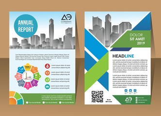 Vector Business brochure, flyers design template, company profile, magazine, poster, annual report, book & booklet cover, with green wavy line, and cityscape vector in background elements, size a4. 