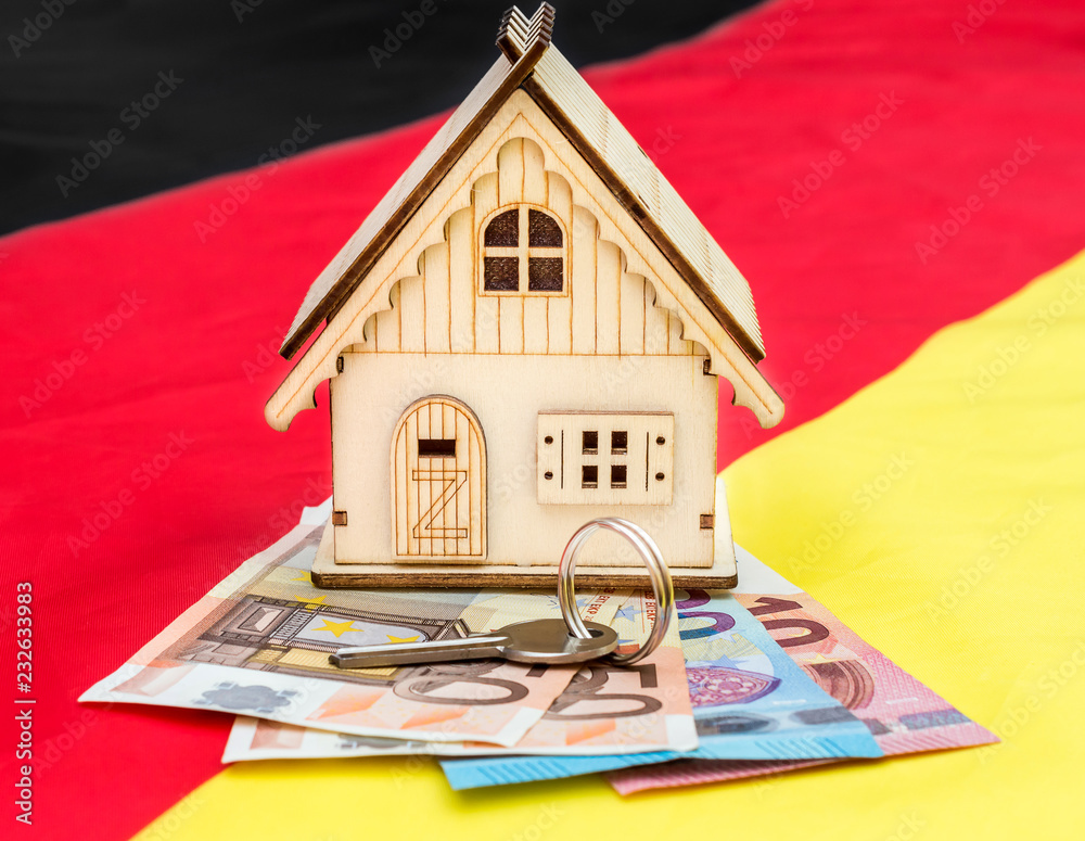 Wall mural Model of house with euro bills on German flag.