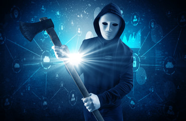 Fototapeta na wymiar Armed burglar in dark secured database network cloud and report concept