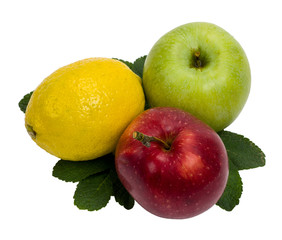 fresh fruits, apples, lemon, mint leaves, isolated on white background, top view