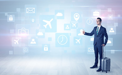 Businessman departs to a business trip with social media and travel symbol concept
