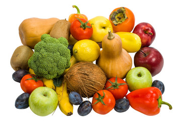 fruits and vegetables isolated on white, top view