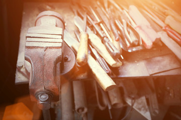 Old vintage tools. Toned photo, instagram effect.