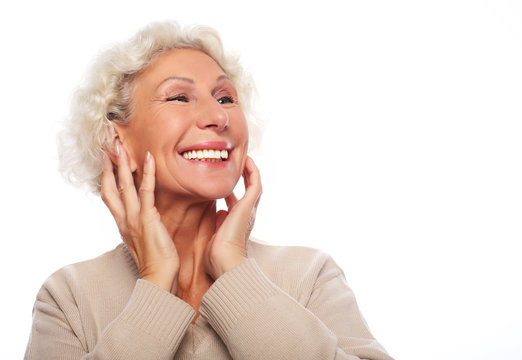 lifestyle, emotion and people concept: Grey haired old nice beautiful laughing woman.